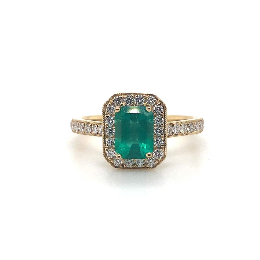 18ct Yellow Gold Emerald and diamond halo ring - Gabriella Jewellery