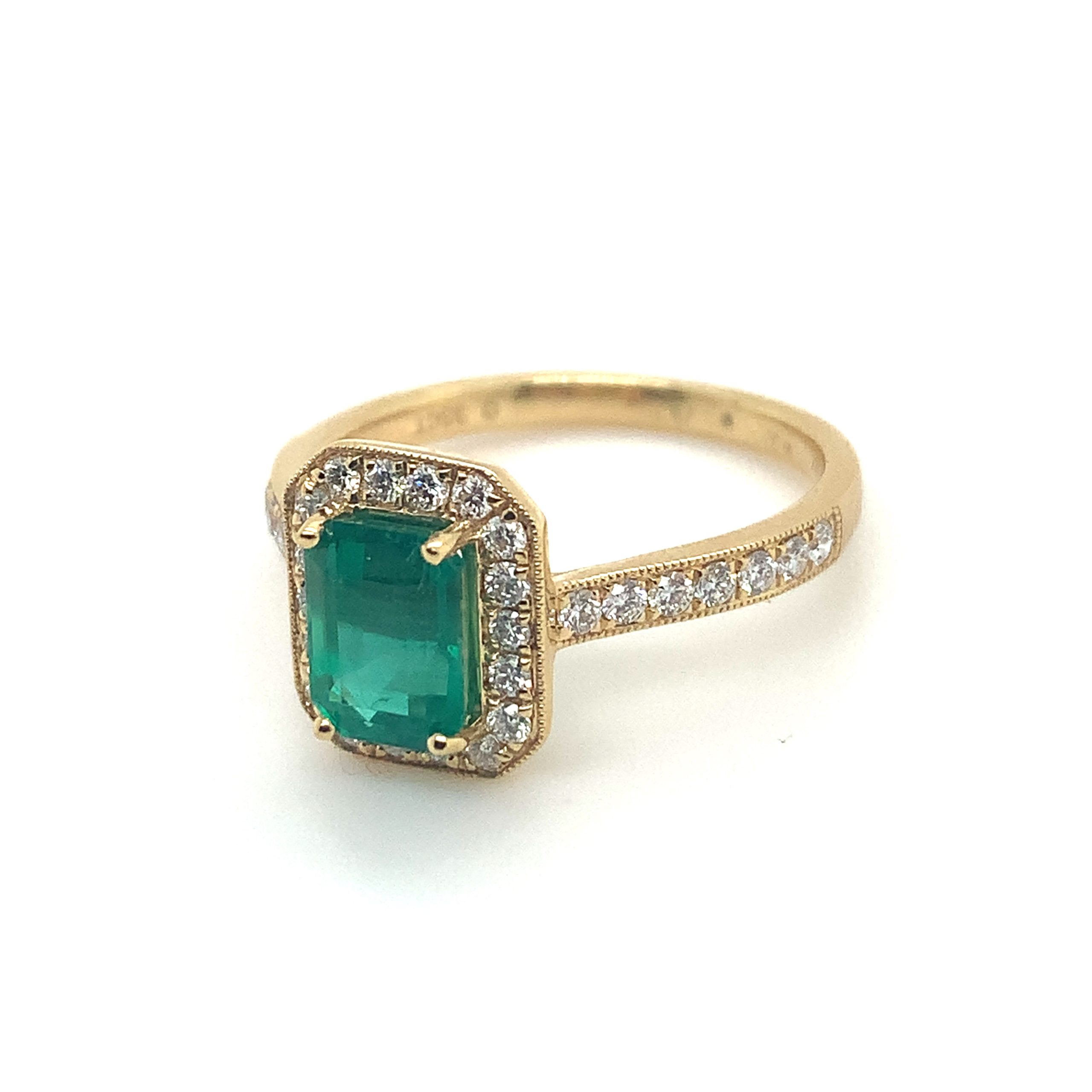 18ct Yellow Gold Emerald and diamond halo ring - Gabriella Jewellery