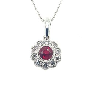 18ct White Gold Ruby and beaded deco Diamond halo Pendant