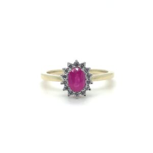9ct Yellow Gold Center Stone Ruby and Spiky Diamond Halo