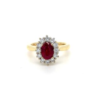 18ct Yellow Gold .40ct Ruby with Diamond Halo Ring