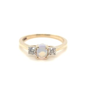 9ct Yellow Gold Diamond and Opal trilogy ring
