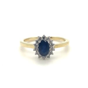 9ct Yellow Gold Sapphire and Diamond cluster halo ring