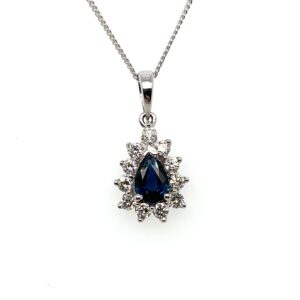 9ct White Gold Sapphire and Diamond Halo Necklace