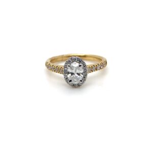 18ct Yellow Gold Diamond Oval Solitaire with Diamond halo and shoulders