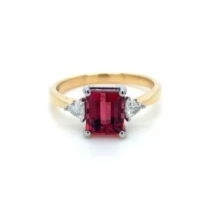 18ct Yellow Gold central Rubellite with Trillion Diamonds